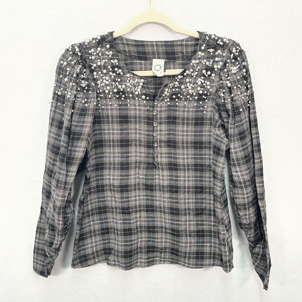 Anthropologie Akemi + Kin Beaded Plaid Top Womens XS Button Neck *Flawed